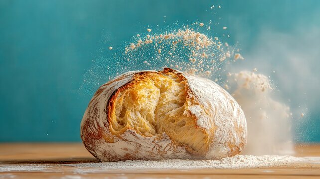 Freshly Baked Loaf of Bread with Flour Explosion