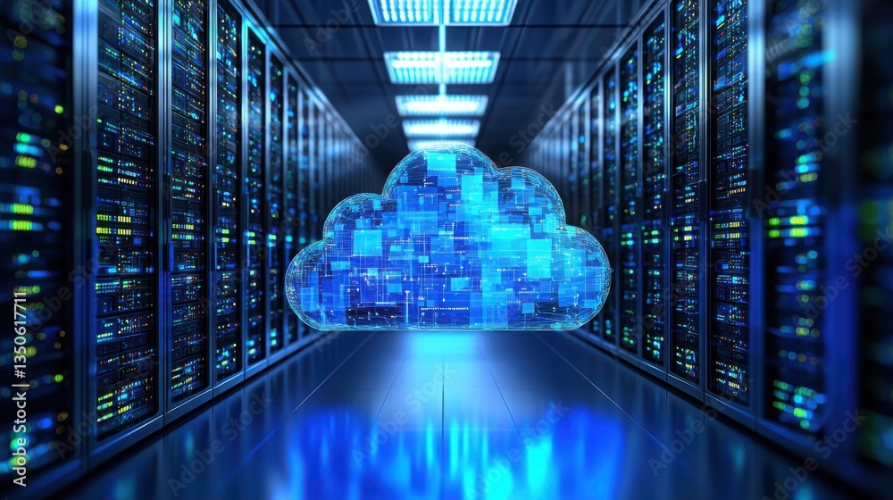 Poster high-performance server rack displayed in a modern data center showcasing business data integration 