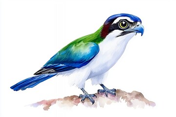 Detailed Watercolor Illustration of a Vibrant Bird Perched on a Rock with Colorful Plumage