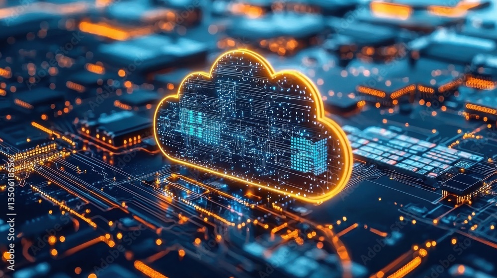 Poster a cloud computing server with multiple connections visible, representing advanced technology and dat