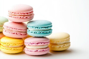 A delightful stack of colorful macarons, showcasing pastel shades and creamy fillings.