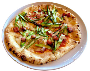delicious pizza with bacon and mushrooms