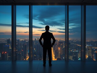 Fototapeta premium Confident businessman in a suit standing in front of a panoramic window overlooking a futuristic city skyline at sunset, symbolizing leadership, success, and ambition