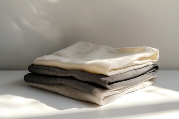 Stack of neutral-toned fabric in beige and grey shades, neatly folded, bathed in sunlight.