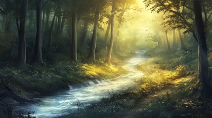 Sunlit forest stream path
