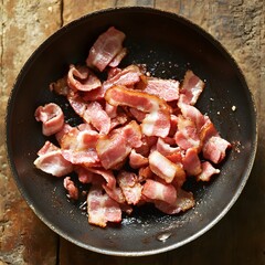 Crispy Fried Bacon Slices in a Pan, Delicious Breakfast Food