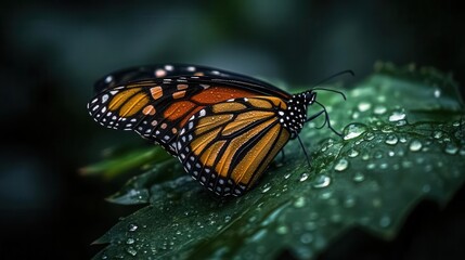 Detailed Close-Up of a Monarch Butterfly with Dew Drops on Green Leaf in a Natural Setting