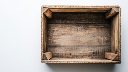 Empty wooden crate on a plain surface, showcasing rustic texture and simplicity, ideal for storage or decor