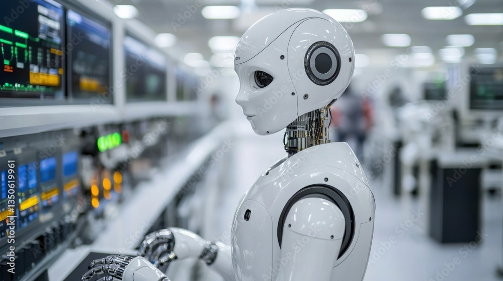 Poster advanced robot working in a modern factory environment showcasing the impact of deep learning on fix