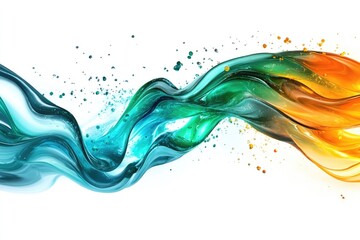 Abstract swirling turquoise and orange liquid wave with splashes on white background.