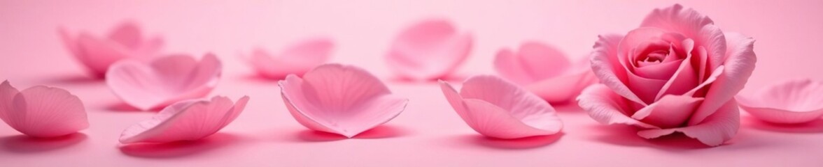 Fototapeta premium Delicate rose petals unfolding on a soft pink background, blooms, nature