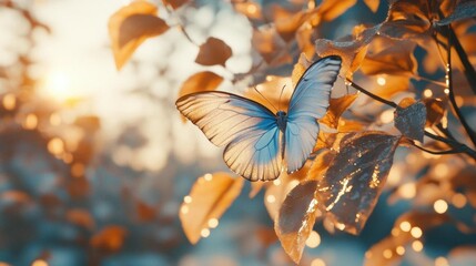 Delicate Blue Butterfly Sitting on Leaves Bathed in Warm Golden Sunlight at Sunrise