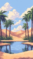 Obraz premium A serene pixelated scene depicting an oasis and palm trees