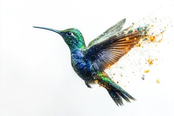 Obraz premium A vibrant hummingbird in flight, its iridescent feathers dissolving into sparkling dust.