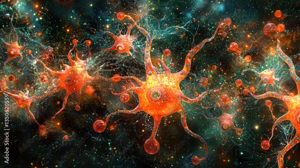 Poster a group of neurons representing complex deep learning neural networks and their connections in a dig