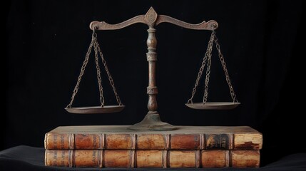 Antique balance scale on aged books, justice, legal concept, stock photography