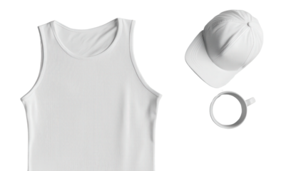Minimalist White Tank Top, Cap, and Coffee Mug on Black Background