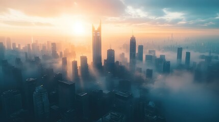 Fototapeta premium Sunrise City Skyline Misty Aerial