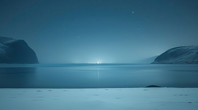 Misty night, snow-covered shore, illuminated town - Powered by Adobe