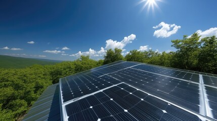 Solar panels on a rooftop overlooking a forest