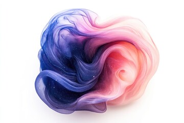 Abstract swirling fabric art in shades of pink, purple, and blue, resembling a cosmic nebula.