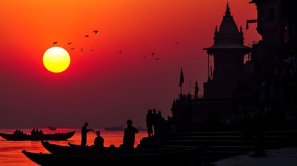 Sunrise ceremony at a sacred riverbank