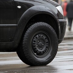 Naklejka premium A closeup image shows the front wheel of a black vehicle