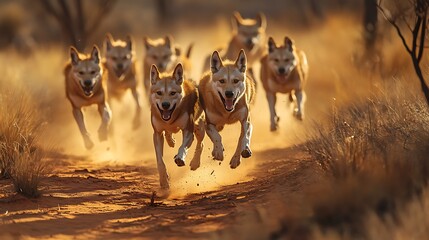 Dynamic Dingo Pack Running Through Australian Outback