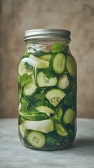 Homemade Pickled Cucumbers in Jar, Fresh Dill and Spices, Fermented Food