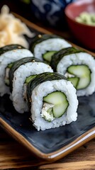 Delicious Cucumber Sushi Rolls on Dark Plate