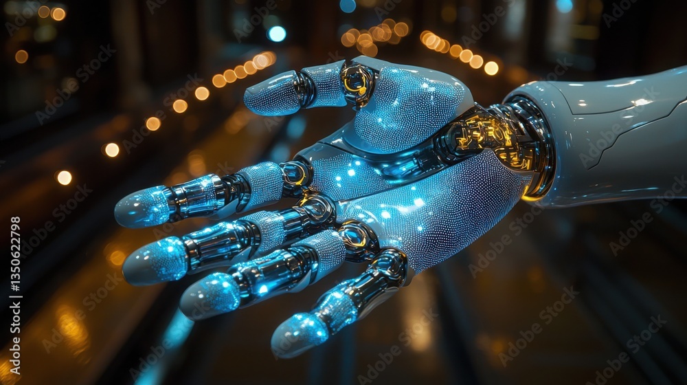 Poster advanced robot hand demonstrating haptic feedback technology for learning and interaction with users