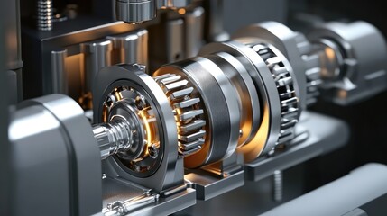 Fototapeta premium Close-up view of intricate mechanical gears in a machine, showcasing engineering precision and innovation