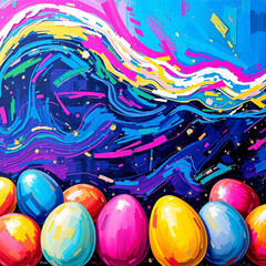 vibrant and bold acrylic painting of colorful Easter eggs. Set against abstract background