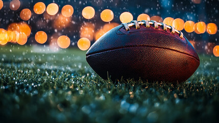 A classic leather football resting on a grassy field in a stadium 