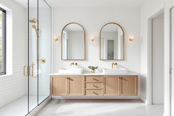 Modern bathroom interior with double vanity, gold fixtures, and glass shower.