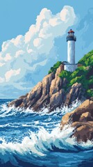 A lighthouse on a rocky cliff with waves and blue skies