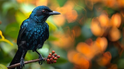 Spangled drongo perched a vine glossy black iridescent feathers reflecting deep blue hues soft tropical foliage in the background ultra realistic sharpness