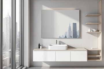 Modern bathroom interior with minimalist floating vanity and cityscape reflection in mirror.