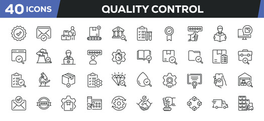 Quality control icons set. Web line icons collection related verification, process, checkmark, approved. Editable stroke. Perfect pixel vector illustration isolated on white background.