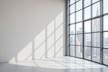 Obraz premium Modern empty room with large glass windows overlooking city skyline.