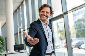 Fototapeta premium A smiling businessman holds out his hand for a handshake. Good impression. Cleanliness.