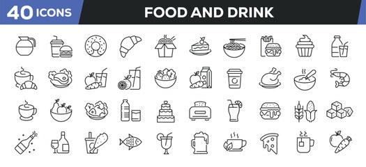 Food and drink icons set. Web line icons collection related cake, beverage, restaurant, fast food. Editable stroke. Perfect pixel vector illustration isolated on white background.