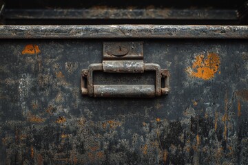 Rusty metal box with a worn handle, showing signs of age and decay.