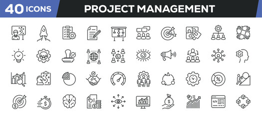 Project management icons set. Web line icons collection related business, creative, goals, progress. Editable stroke. Perfect pixel vector illustration isolated on white background.