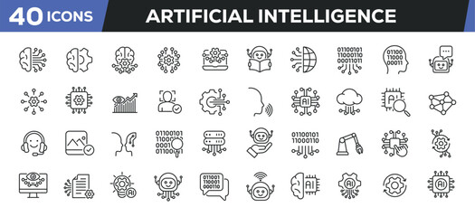 Artificial intelligence icons set. Web line icons collection related machine learning, robot, technology. Editable stroke. Perfect pixel vector illustration isolated on white background.