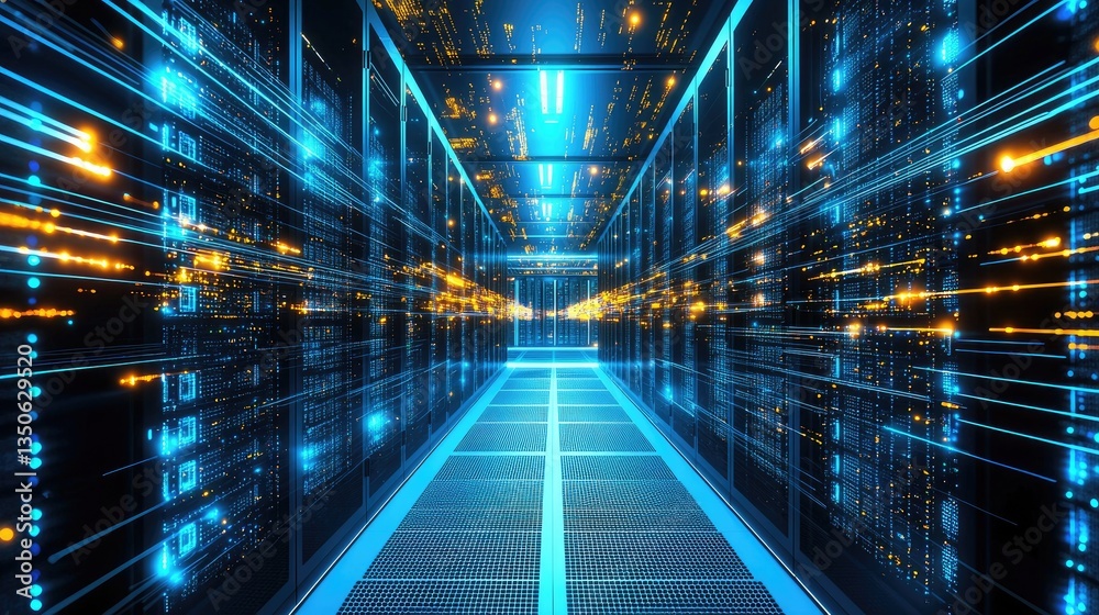 Aufkleber Digital data center corridor illuminated with glowing blue and yellow light streams, illustrating high-speed data flow and modern computing infrastructure. Ideal for cloud, tech, and AI topics
