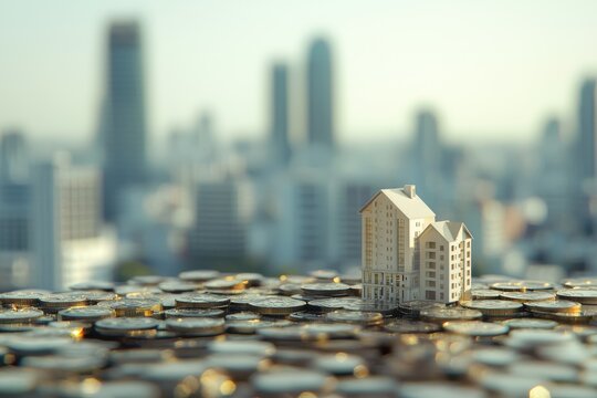 Miniature modern apartment buildings on scattered coins with a blurred urban skyline in the background, representing real estate development, investment, and housing finance