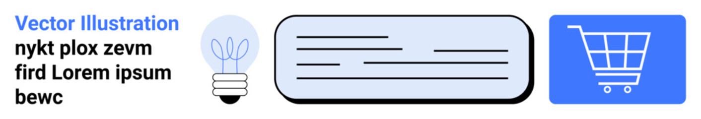 Lightbulb representing creativity, horizontal text block for content, and shopping cart for e-commerce. Ideal for business, innovation, e-commerce, communication, design, creativity and a simple