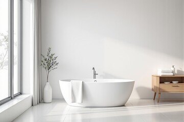 Modern minimalist bathroom with freestanding bathtub.