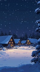 Fototapeta premium A pixelated painting of a winter scene with snowy cabins